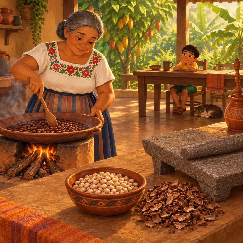 Ya secas, la abuela tuesta las semillas en el comal, moviéndolas con una cuchara de madera. Mateo mira desde la mesa, lejos del fuego. ¡Qué rico huele toda la cocina! Luego le quit