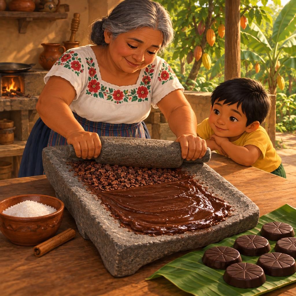 La abuela muele y muele. ¡Sorpresa! Los pedacitos no se vuelven polvo: se vuelven una pasta espesa, café y brillante. Es porque las semillas de cacao tienen mucha grasa escondida,