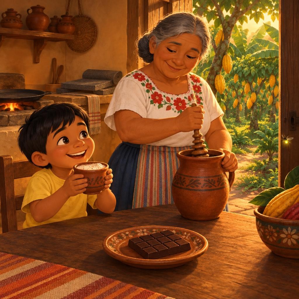 Al día siguiente, la abuela echa una tablilla en leche caliente y la bate con el molinillo. Mateo mira su taza espumosa y cuenta todo el camino: un fruto pegado al tronco, semillas