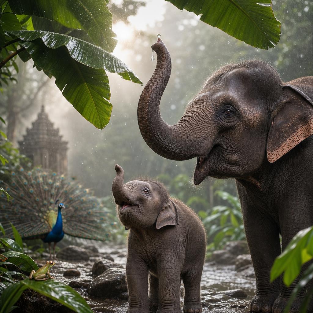 Plip, Plop, Plip-Plop! illustration for In a green green forest in India, lived a baby elephant named Aanya.