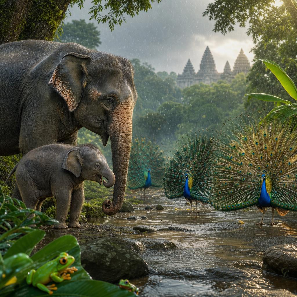 Peacocks Dance illustration for In a green green forest in India, lived a baby elephant named Aanya.