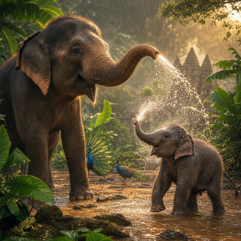 Splash, Spray, Laugh! illustration for In a green green forest in India, lived a baby elephant named Aanya.