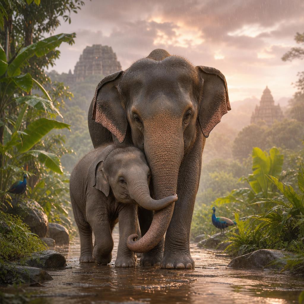 Softly, Softly, Home We Go illustration for In a green green forest in India, lived a baby elephant named Aanya.