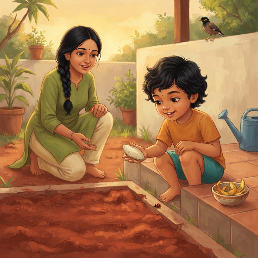 Kavi mango சாப்பிட்டு, பெரிய seed-ஐப் பார்த்தான். “இவ்வளவு சின்ன seed-லிருந்து பெரிய tree வருமா?” Amma சிரித்தார். “வரும்—ஆனால் அதற்கு நான்கு உதவிகள் வேண்டும்!”
