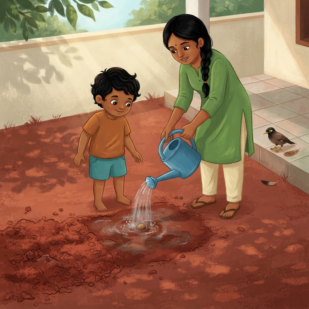 Amma seed-ஐ மண்ணில் வைத்தார். Kavi கொஞ்சம் water ஊற்றினான். மண் ஈரமானது. Water கிடைத்ததால் seed மெதுவாக விழிக்கத் தொடங்கும்.