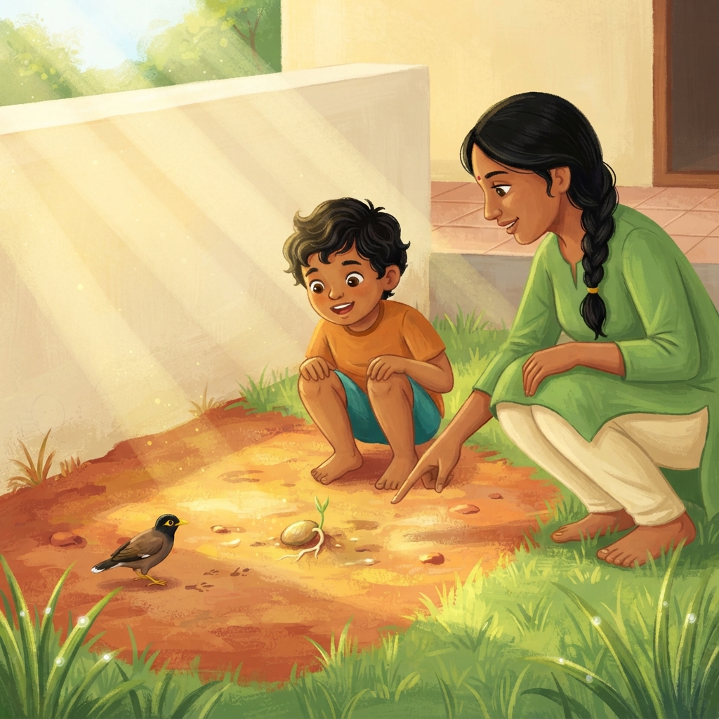 அடுத்த காலை sun வந்தது. அதன் வெளிச்சமும் சூடும் மண்ணைத் தொட்டது. “Water மட்டும் போதாது,” என்றார் Amma. “Seed வளர sunlight-மும் வேண்டும்.”