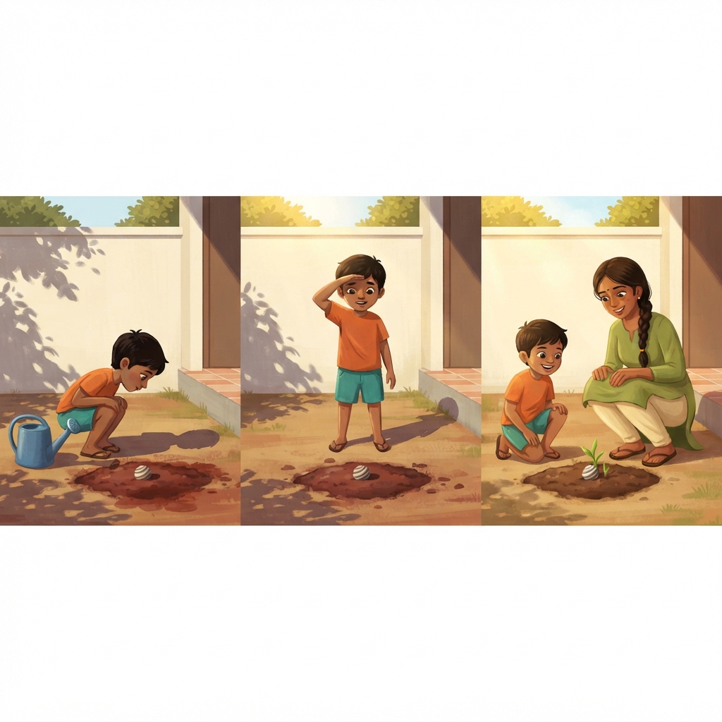 Kavi தினமும் பார்த்தான். முதல் நாள்—மண் மட்டும். இன்னொரு நாள்—இன்னும் மண்! Seed-க்கு அவசரம் இல்லை. அது உள்ளே மெதுவாக மாற time வேண்டும். அடுத்து என்ன தெரியும் என்று நினைக்கிறாய்?