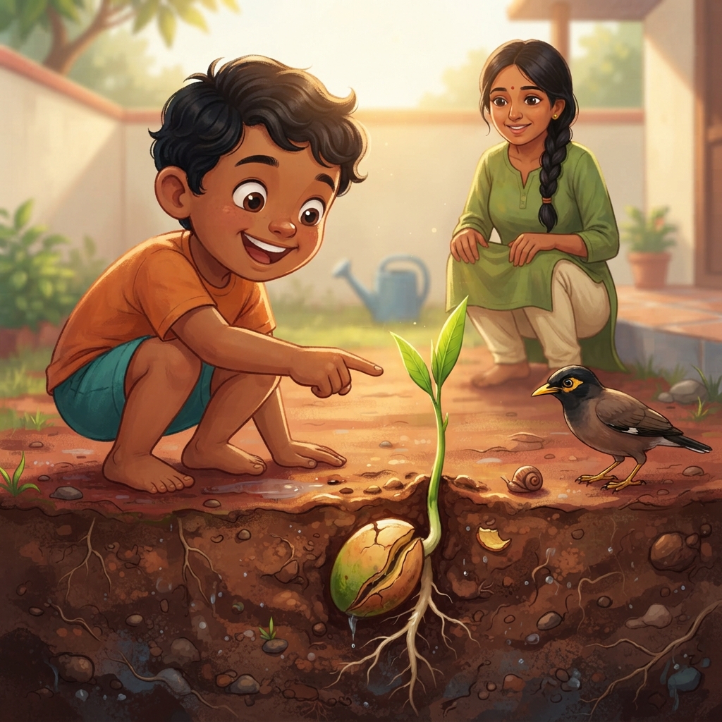 ஒரு காலை மண் சின்னதாகப் பிளந்தது. Green shoot வெளியே எட்டிப் பார்த்தது! கீழே root water தேடி வளர்ந்தது; மேலே shoot sunlight நோக்கி வளர்ந்தது. Seed இப்போது ஒரு குட்டிச் செடி.