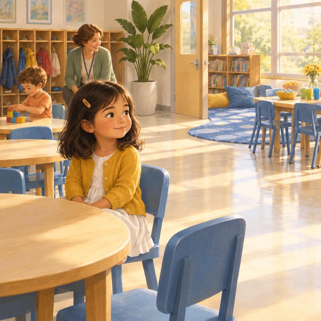 Then I go into my classroom. There are low tables and little chairs. Many children feel a little nervous on their first days. It is okay to feel nervous. That feeling usually gets