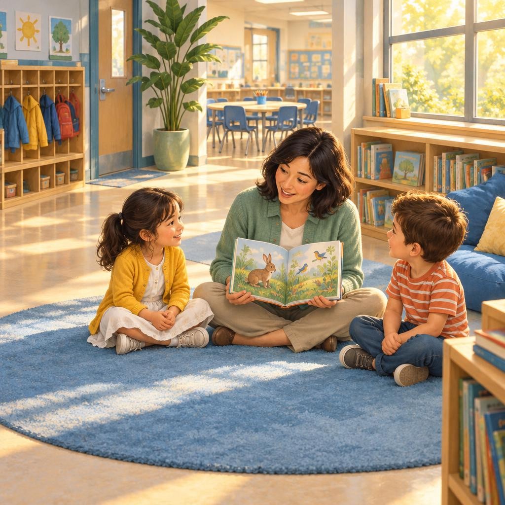 Sometimes we sit together on the rug in the reading corner. My teacher reads a story out loud. We listen and look at the pictures.