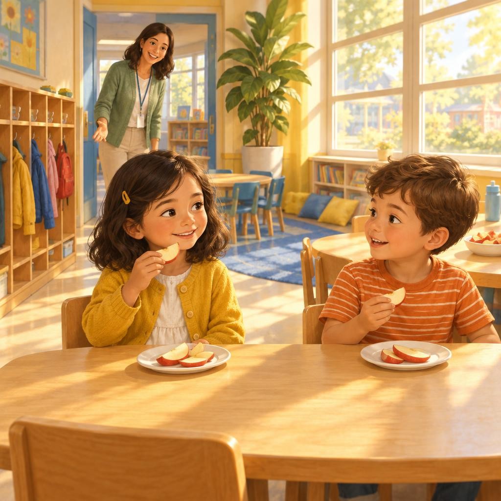 At snack time, we sit at tables by the big windows. The sun shines in. Sometimes I sit next to a child I said hello to.