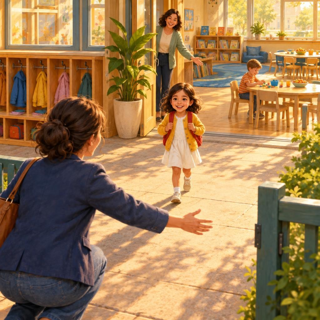 Later, my grown-up comes back to the gate. I walk past the tall plant to meet them. Each day, school feels a little more like mine. I am ready to start school.