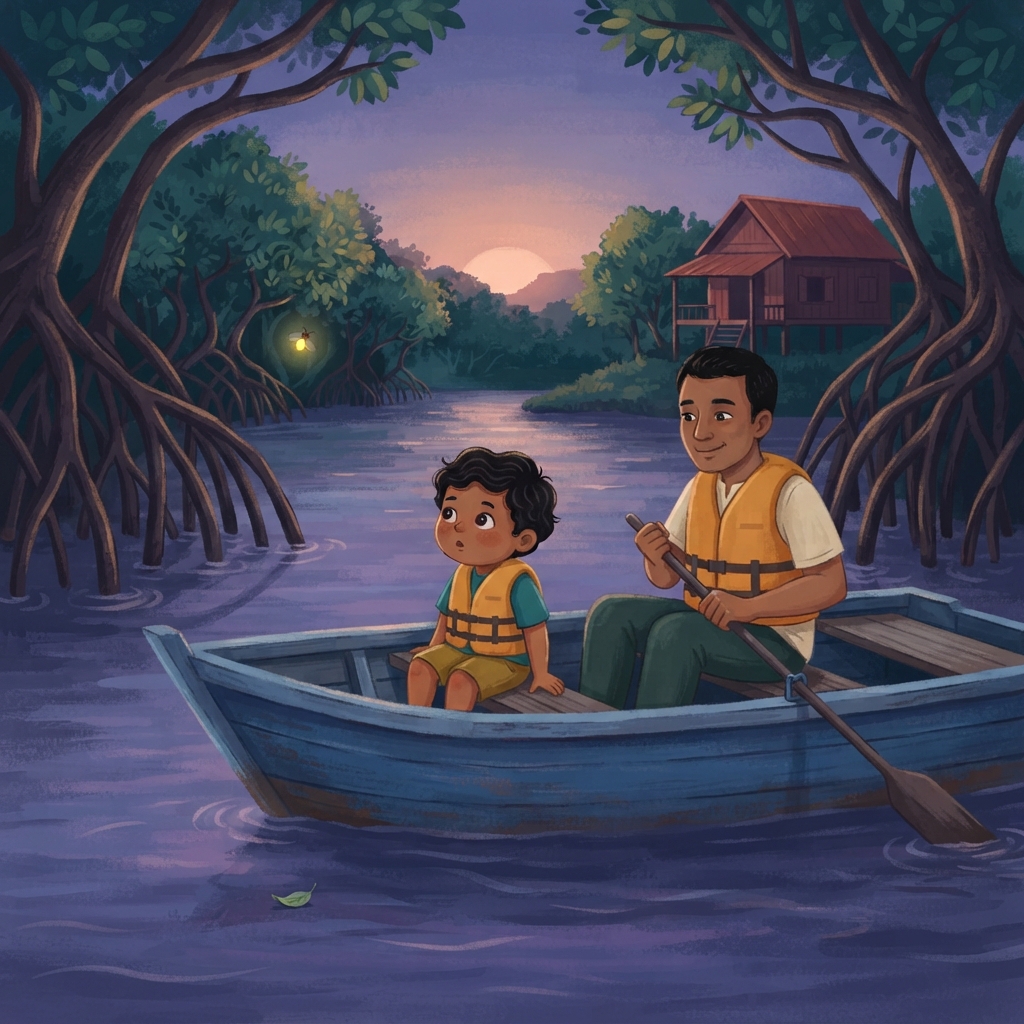 Senja turun di sungai bakau. Amir duduk kemas di dalam bot bersama Ayah. Di celah daun, satu cahaya kecil menyala. “Kelip!” kata Amir.