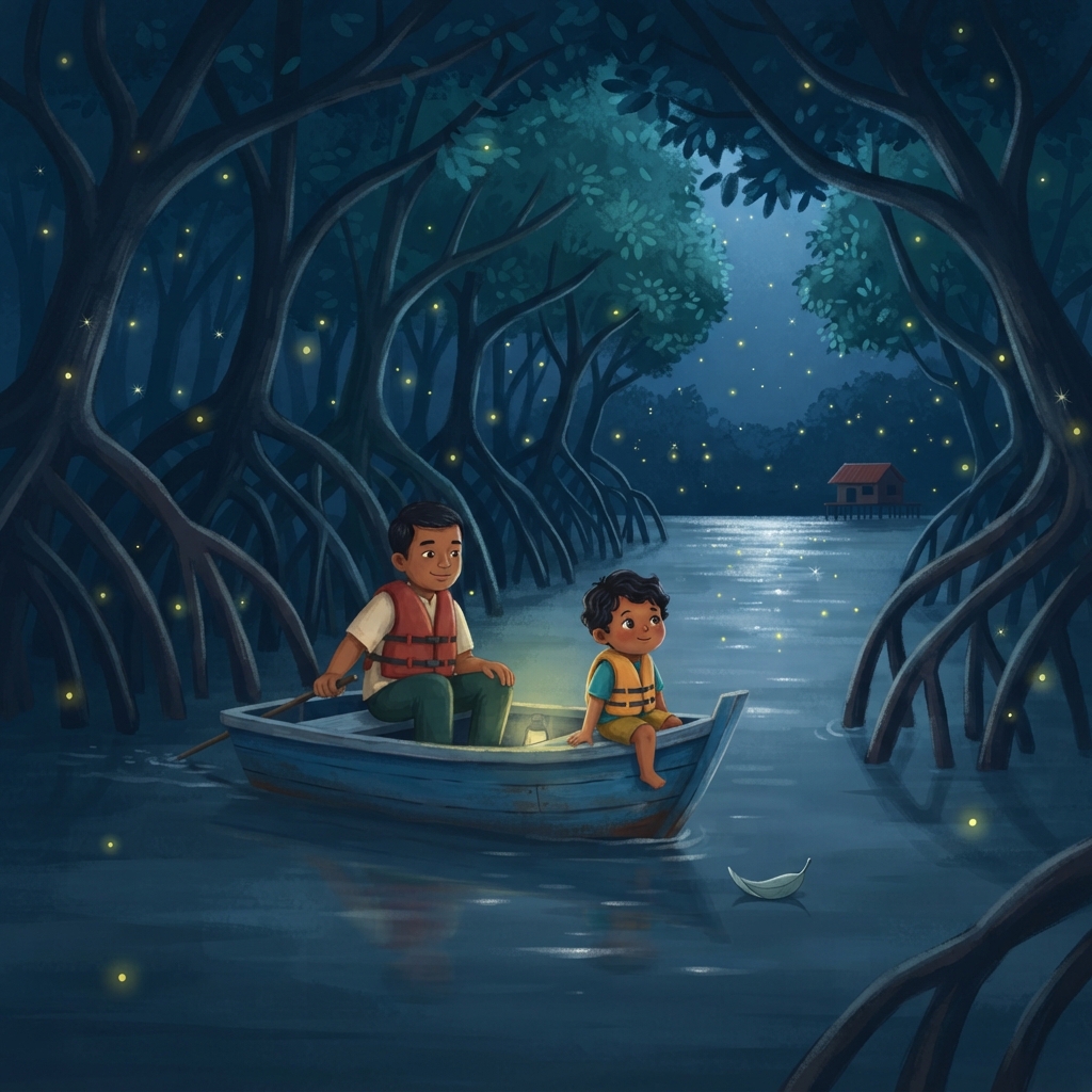 Semakin jauh bot menyusur, semakin banyak lampu kecil muncul. “Empat, lima, enam…” Amir mengira. Pokok bakau kelihatan seperti langit berbintang yang turun ke sungai.