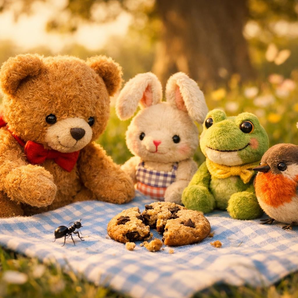 ஒரு புது friend! illustration for Teddy Bear-ோட Picnic Day!