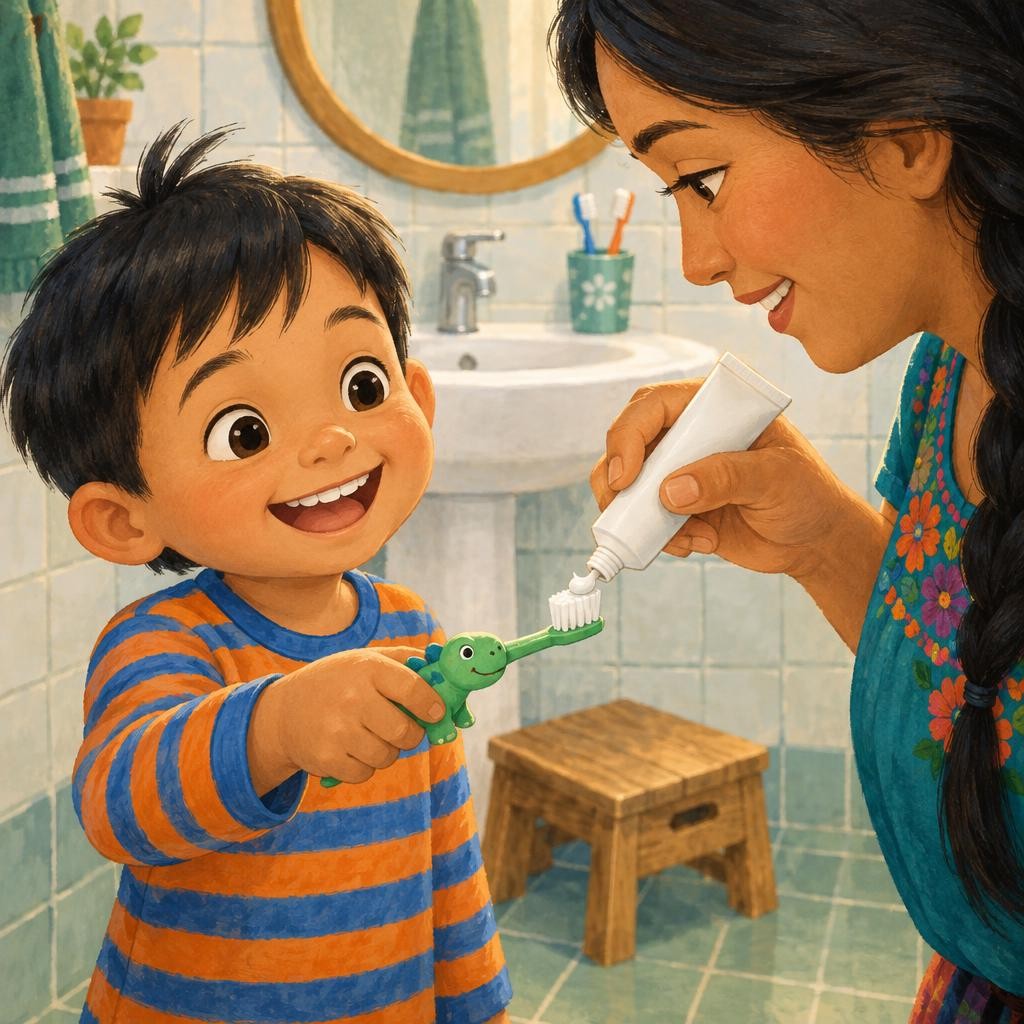 En el baño, Nico tomó su cepillo verde de dinosaurio. Mamá le puso una bolita de pasta del tamaño de un frijolito. —¿Un frijolito? —se rió Nico—. ¡Como en la cena!