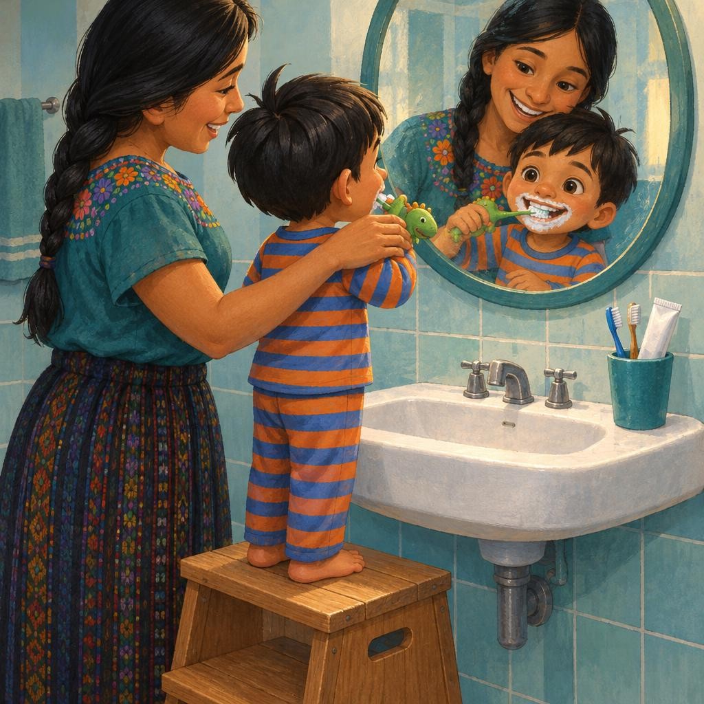 —Primero, los dientes de arriba —dijo mamá, con su mano sobre la de Nico. Chiqui, chiqui, chiqui. —Ahora, los de abajo. Chiqui, chiqui, chiqui. Nico se miraba en el espejo con la b