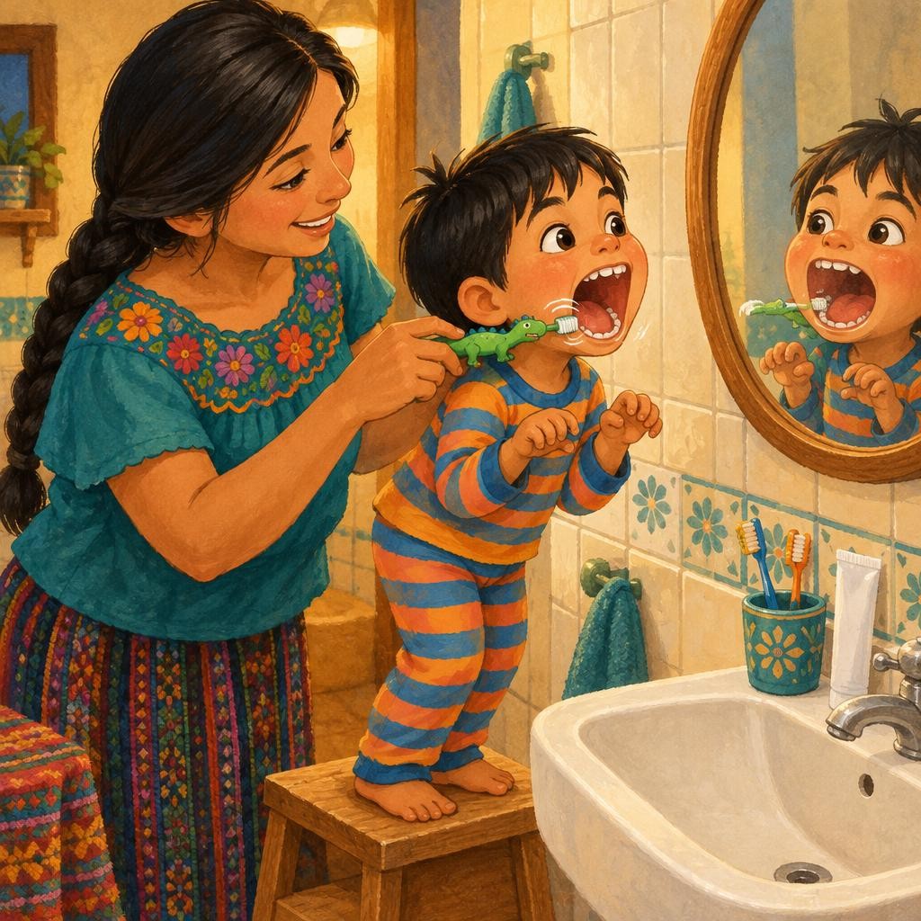 —¿Y las muelas del fondo? —preguntó mamá—. Ahí se esconden los pedacitos de tortilla. Nico abrió grande, grande, como un león. Ronda, ronda, ronda, hizo el cepillo en circulitos. ¡