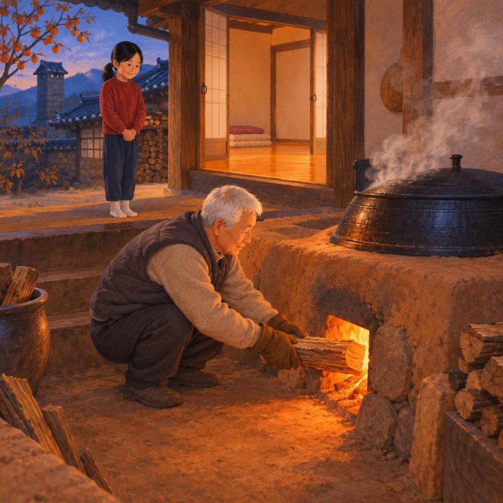 할아버지를 따라 부엌으로 가 보니, 부엌 바닥이 방보다 한참 낮아요. 할아버지가 벽 아래쪽 네모난 구멍에 장작을 넣어 불을 지펴요. 이렇게 불을 때는 구멍을 ‘아궁이’라고 해요. 아궁이 위 커다란 가마솥에서는 저녁밥이 보글보글 지어져요. 불 하나로 밥도 짓고 방도 데우는 거예요. 하윤이는 할아버지 뒤에서 멀찍이 지켜봐요.