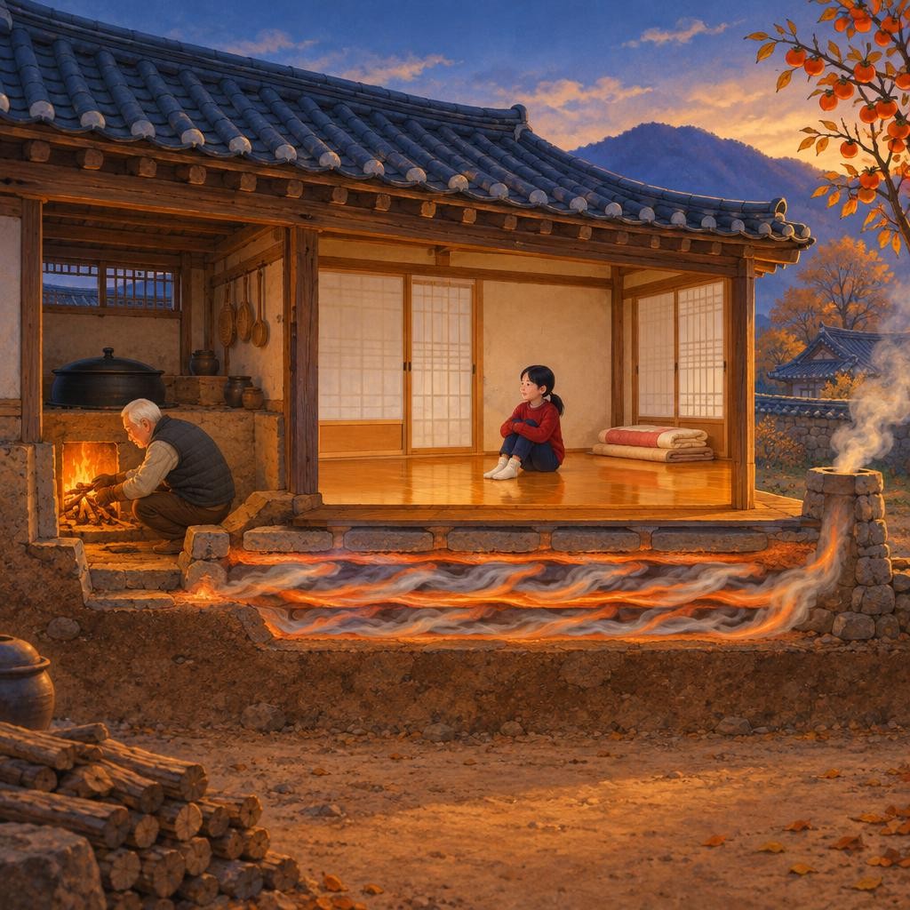 방바닥 밑을 잘라 들여다보면 이런 모습이에요. 바닥 밑에 연기가 지나가는 길이 여러 줄 나 있어요. 이 길을 ‘고래’라고 불러요. 바다에 사는 고래 말고요! 고래 위는 두껍고 넓적한 돌인 ‘구들장’이 덮고 있고, 그 위를 흙으로 꼼꼼히 발라서 연기가 방으로 새지 않아요. 뜨거운 연기는 고래를 따라 방 밑을 지나, 반대편 