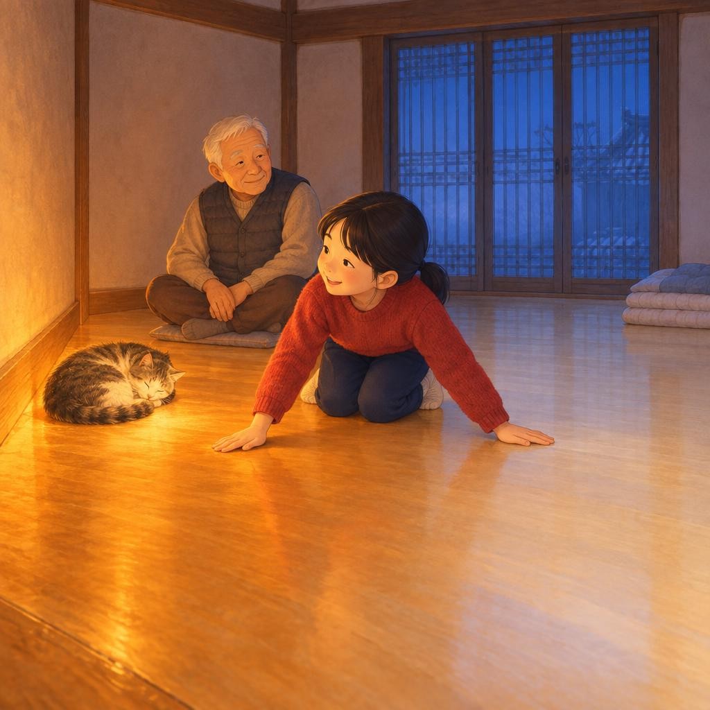 열은 언제나 뜨거운 쪽에서 차가운 쪽으로 옮겨 가요. 그래서 뜨거운 연기가 고래를 지나가며 차가운 구들장에 열을 조금씩 나눠 줘요. 연기가 막 들어오는 아궁이 쪽 바닥이 가장 뜨겁고, 멀어질수록 조금씩 덜 따뜻해요. 이 가장 따뜻한 자리를 ‘아랫목’이라고 해요. 하윤이가 두 손을 대 보니, 정말 아랫목이 더 뜨끈뜨끈해요!