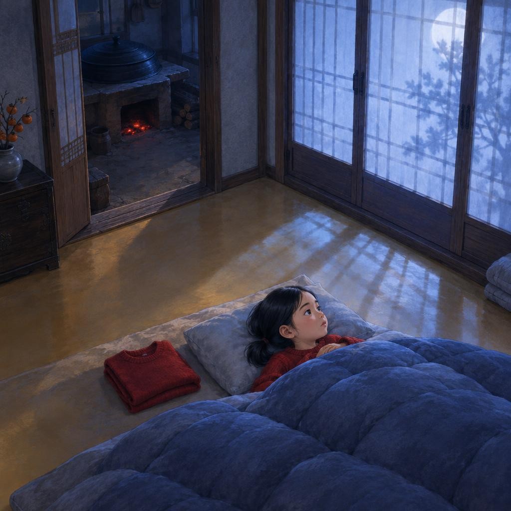 밤이 깊어 아궁이 불이 사그라들었어요. 이제 뜨거운 연기도 고래로 더 들어오지 않아요. 이불 속에서 하윤이는 생각했어요. ‘불이 꺼졌으니 바닥도 금방 식지 않을까?’ 내일 아침, 방바닥은 어떻게 될까요?