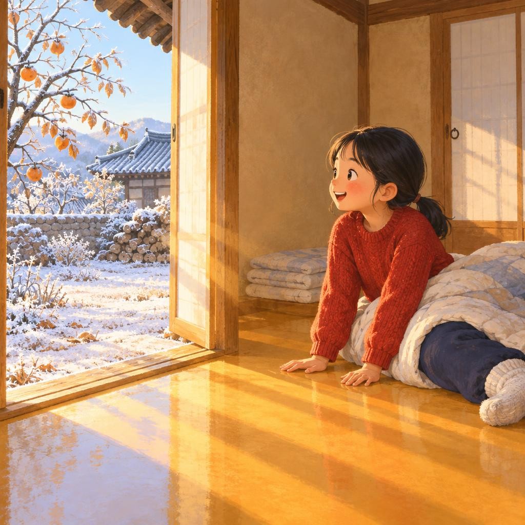 아침이 밝았어요. 마당에는 하얀 서리가 내렸는데, 이불 밑 방바닥은 여전히 따뜻해요. 두껍고 무거운 구들장이 어젯밤 받은 열을 품고 있다가, 밤새 조금씩 천천히 내어 주었거든요. 그래서 저녁에 불을 때면 아침까지 따뜻함이 남아 있어요.
