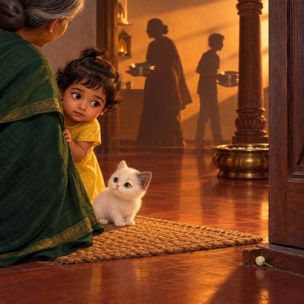 வாசற்படி பாயில சுருண்டு படுக்கப் பாக்குது பஞ்சு. அங்கே தட்டு சத்தம் கேக்குது, நடமாட்டம் இருக்குது. பஞ்சு காது சிலிர்க்குது. நிலா பாட்டி பக்கத்துல இருந்து பாக்குது.