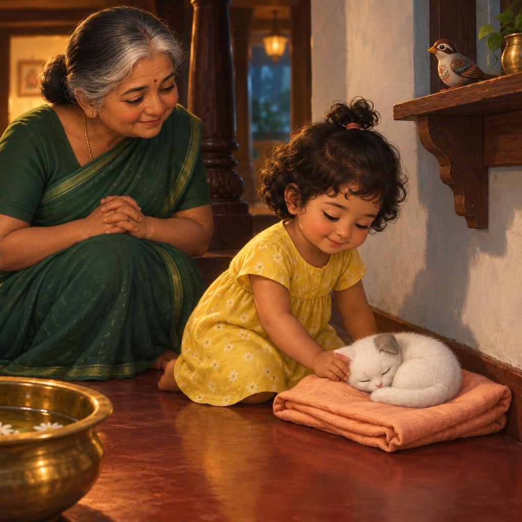 நிலா மெதுவா போச்சு. பாட்டி பக்கத்துல, அமைதியான மூலையில மெத்தென்ற துணியை விரிச்சுப் போட்டுச்சு. பஞ்சு சத்தமில்லாம வந்து, பந்து மாதிரி சுருண்டுக்கிச்சு.