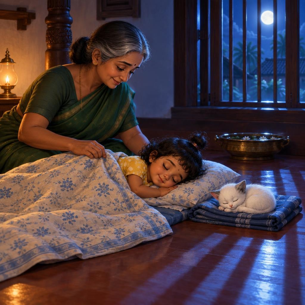 பாட்டி நிலாவுக்குப் போர்வை இழுத்து விடுறாங்க. பக்கத்துல பஞ்சும் கண்ணை மூடிக்கிச்சு. வீடெல்லாம் அமைதி. தூங்கு நிலா... தூங்கு பஞ்சு...