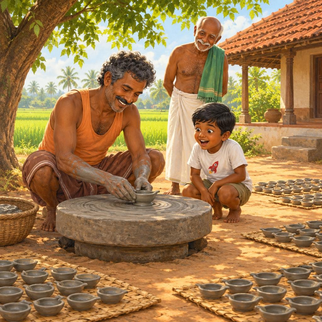 மண் விளக்கு செய்யும் பொன்னன் மாமாவின் முற்றத்தில் ஒரு பெரிய கல் சக்கரம் சுற்றிக்கொண்டிருந்தது. மாமா அதன் நடுவில் ஒரு உருண்டை ஈர மண்ணை வைத்தார். அவரது விரல்கள் மெதுவாக அழுத்தின. மண்