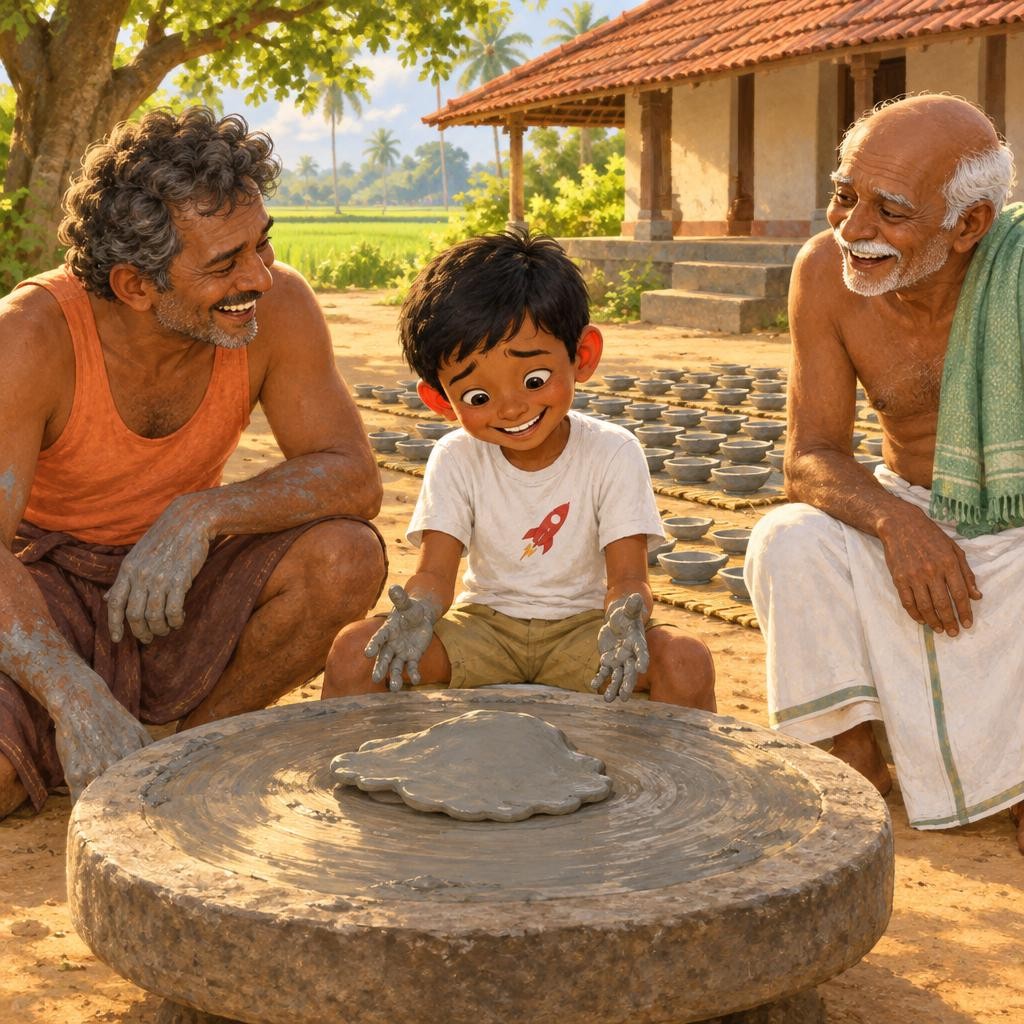 "நீயும் try பண்றியா?" என்று கேட்டார் பொன்னன் மாமா. செல்வன் ஈர மண்ணில் இரண்டு கைகளையும் வைத்தான். மண் ஆடியது. சாய்ந்தது. பொத்! ஒரு தட்டையான தோசை மாதிரி விழுந்தது. எல்லாரும் சிரித்தா