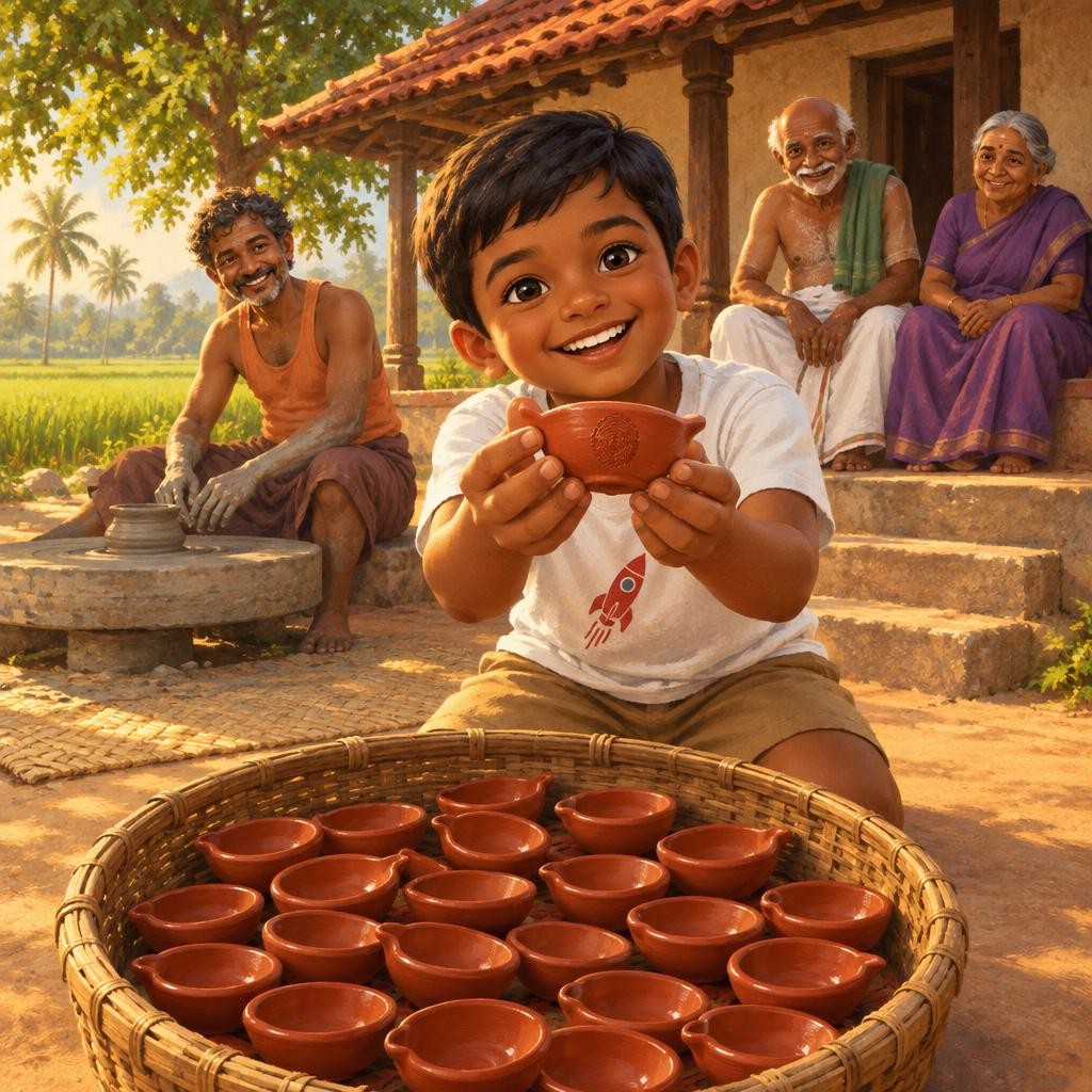 ரெண்டு நாள் விளக்குகள் வெயிலில் காய்ந்தன. பிறகு பொன்னன் மாமா அவற்றைத் தன் சூளையில் சுட்டார். அது பெரியவர்களின் வேலை. Deepavali-க்கு முந்தைய நாள், மாமா ஒரு கூடையோடு வந்தார். சாம்பல்