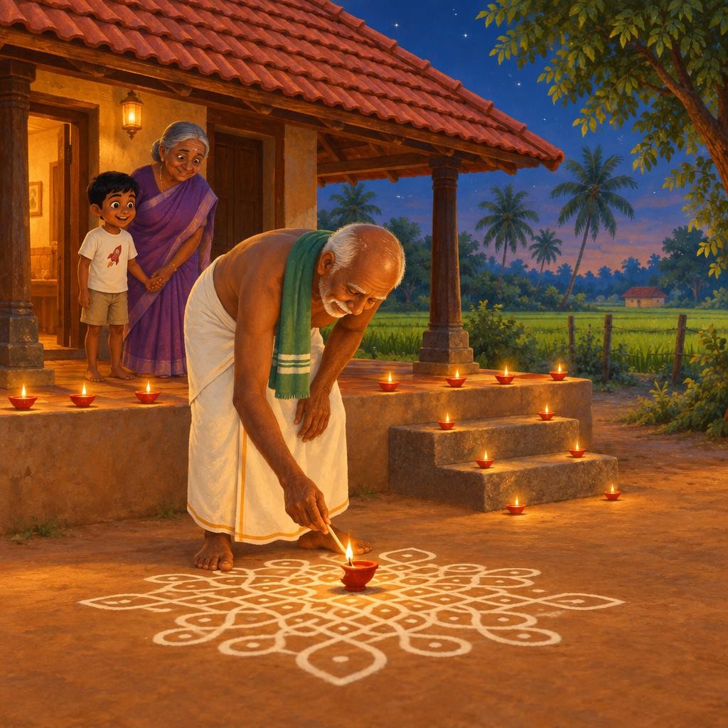 Deepavali மாலை. பாட்டி ஒவ்வொரு விளக்கிலும் எண்ணெய் ஊற்றி, திரி வைத்தார். திண்ணை ஓரம், சுவர் மேல், படிகளில் — எங்கும் வரிசை வரிசையாக விளக்குகள். "என் விளக்கு எங்கே, தாத்தா?" தாத்தா