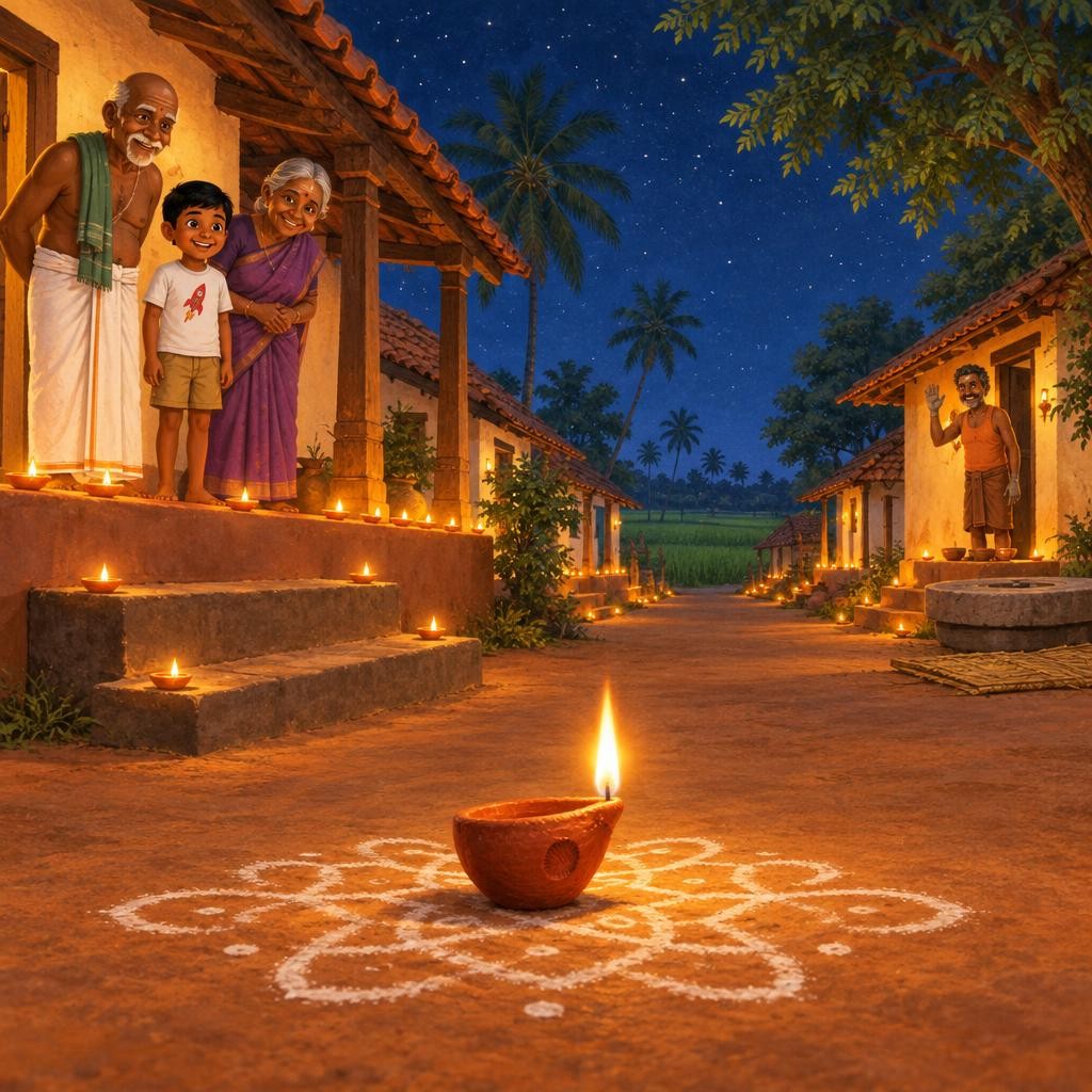 எல்லா விளக்குகளும் ஒளிர்ந்தன. செல்வனின் விளக்கு கொஞ்சம் சாய்ந்துதான் இருந்தது. ஆனால் அதன் சுடர் மட்டும் நேராக, அழகாக நின்றது. "பார், விளக்கு சாஞ்சிருந்தாலும் வெளிச்சம் நேரா தான் நி