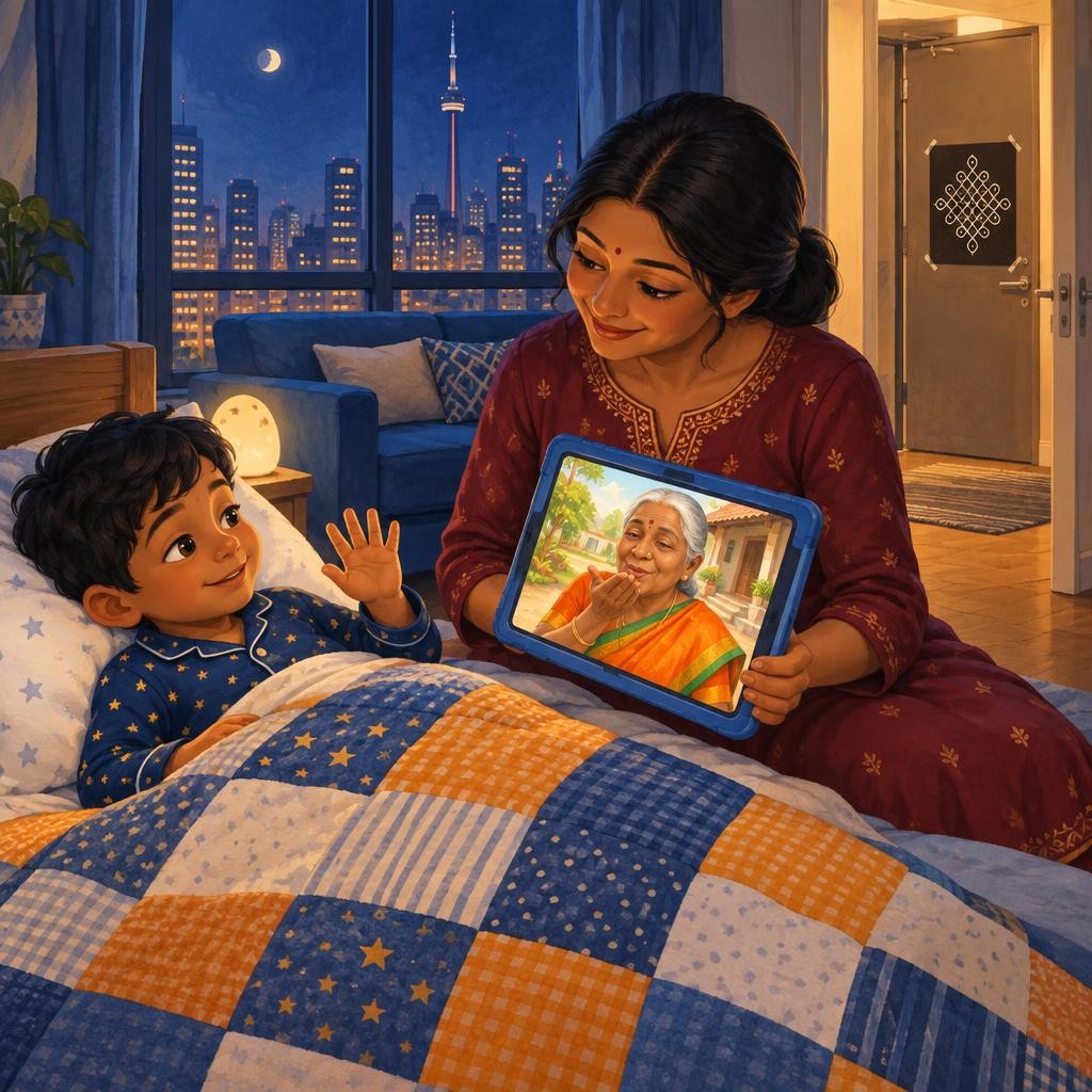 ஆதிக்குத் தூக்கம் வந்தது. கொட்டாவி விட்டபடியே சொன்னான், "Good night, பாட்டி!" பாட்டி சிரித்தார். "எனக்கு இப்போ காலை, கண்ணா!" ஆதி யோசித்தான். பிறகு பெரிதாகச் சிரித்தான். "சரி… Good