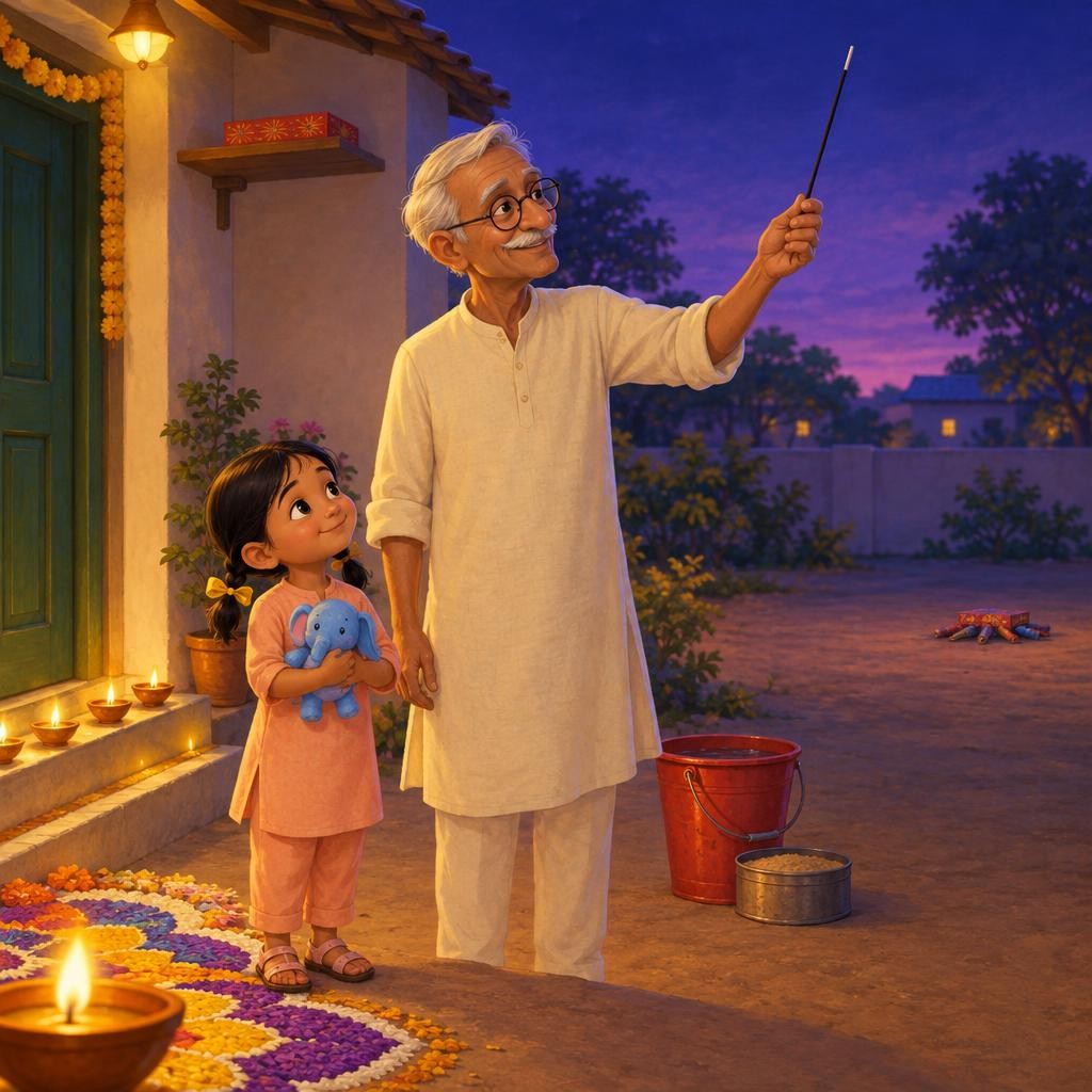 Dadaji shows Tanvi a long, thin incense stick. "This is how grown-ups light crackers. Only grown-ups." Tanvi looks at her small hands. "So my job is to watch?" "Yes! Your job is to