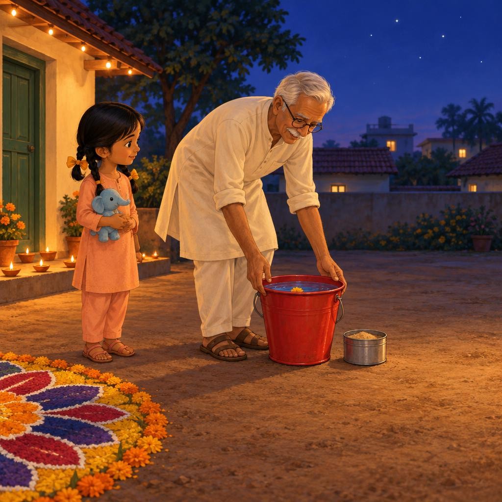 Dadaji carries out a red bucket full of water. Then a little tin of sand. Slosh, slosh. "Why do we need water, Dadaji?" "Because water and sand stop a spark fast. So we keep them c