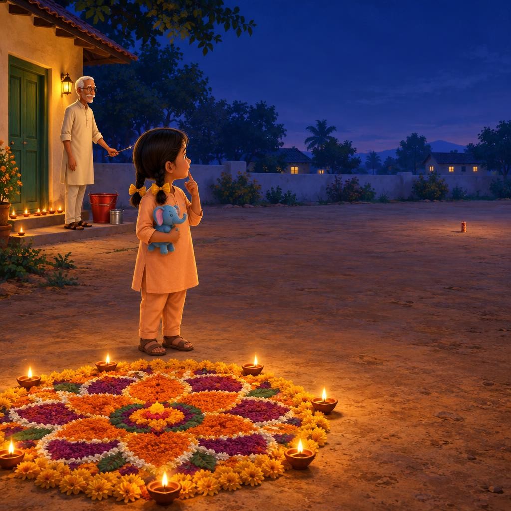 Dadaji puts one cracker far out on the bare ground, away from the house. "Now, Tanvi, where should you stand? Close to the cracker, or far back by the rangoli?" Tanvi thinks. What
