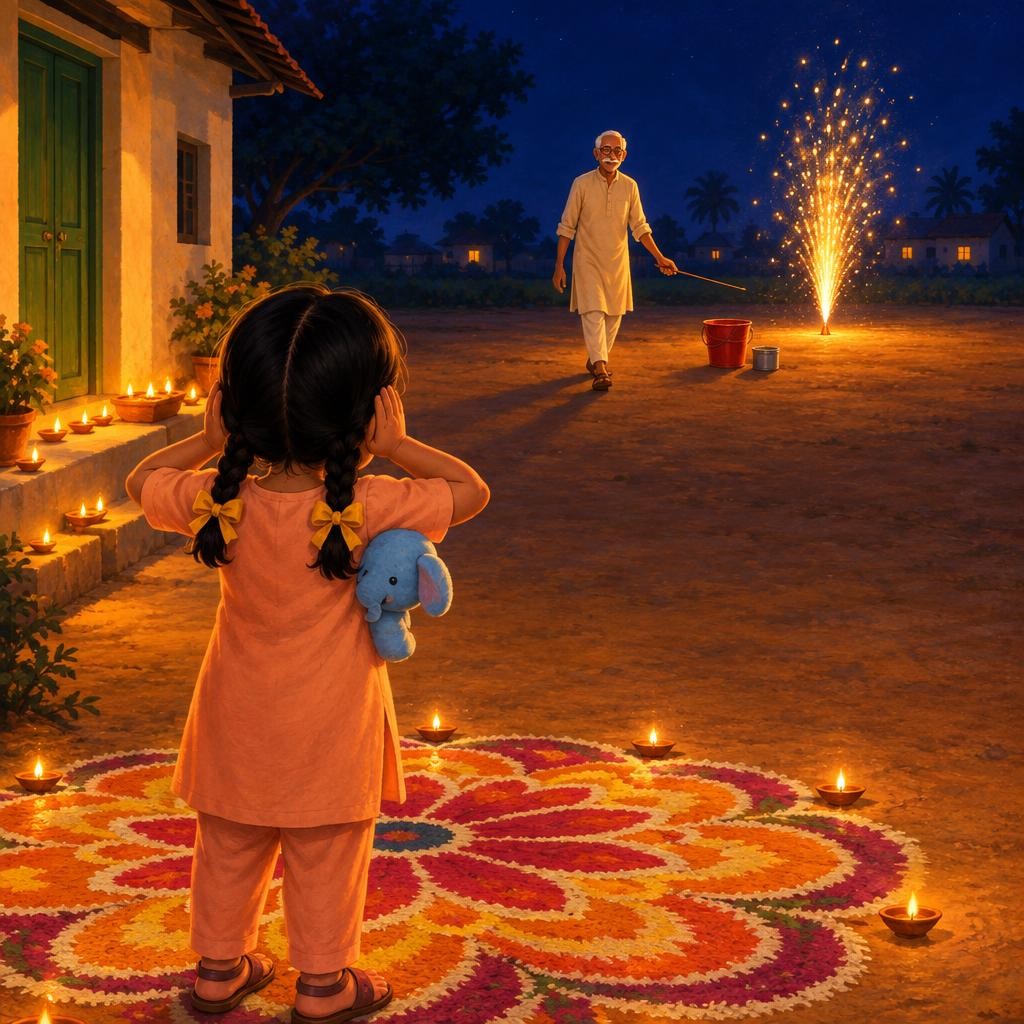 Tanvi stays behind the rangoli. She covers her ears. Dadaji stretches out his long stick, touches the cracker, and walks back quickly. Fizz... fizz... WHOOSH! Golden sparkles shoot