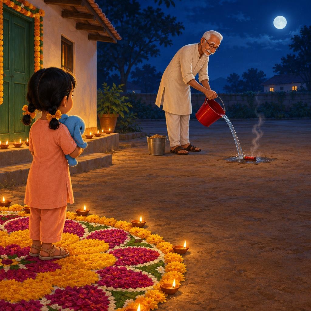 Dadaji lights another cracker. But... nothing. No fizz. No whoosh. "Can I go see?" asks Tanvi. "No, never go near a cracker that didn't pop," says Dadaji. "It might still be hot. W