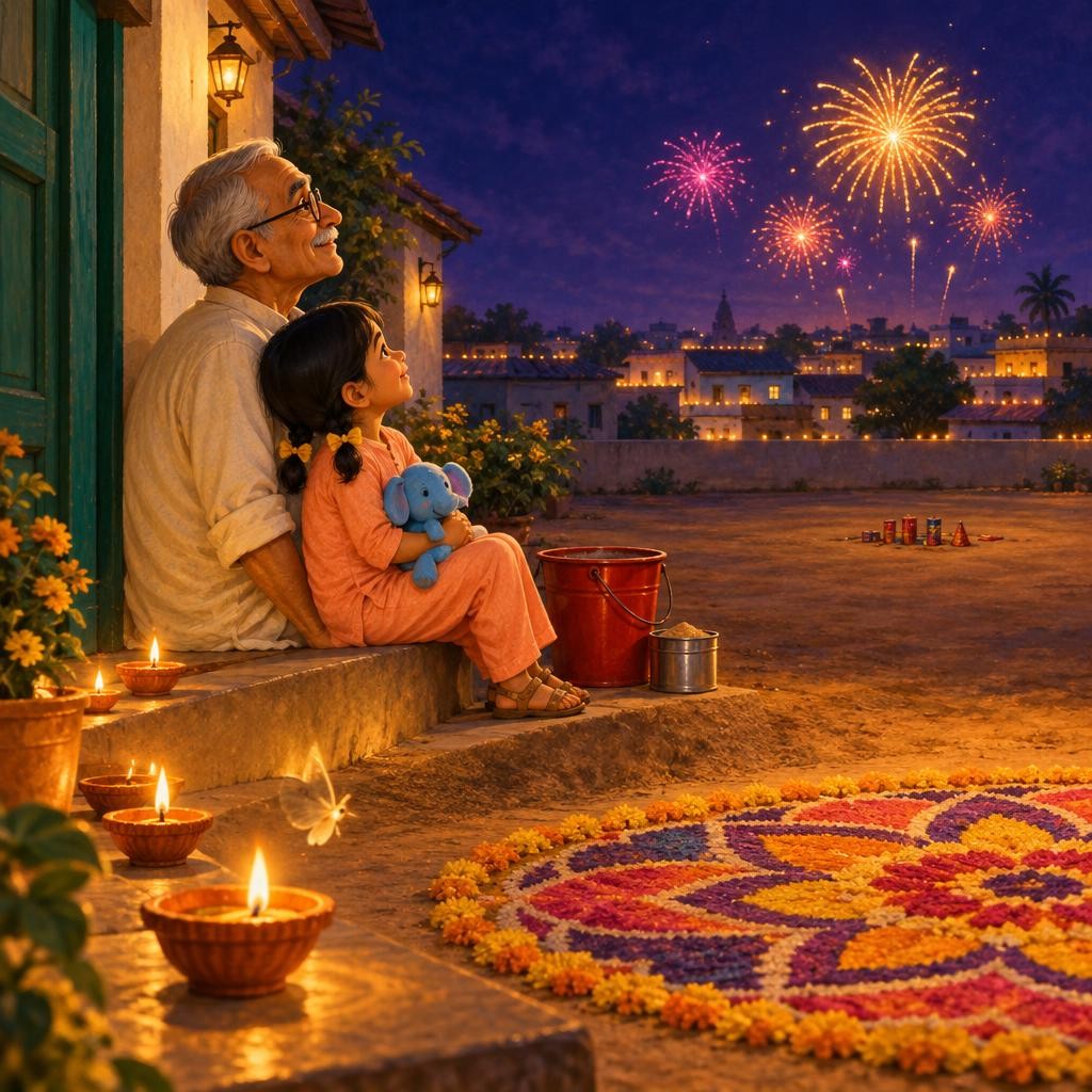 The sky fills with soft lights from all around the town. Tanvi leans on Dadaji. "I did my job! Get ready, step back, cover ears, and watch." "You did," says Dadaji. "Grown-ups ligh