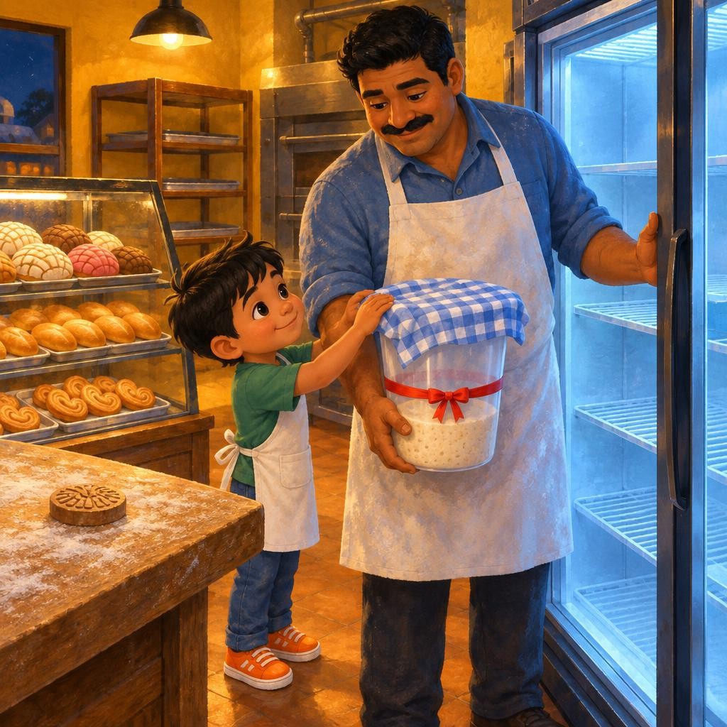 Mateo tapó el bote con un trapo de cuadros azules, como si fuera una cobija, y le dio dos palmaditas. —Buenas noches, masa. Papá guardó el bote en el refrigerador grande de la pana