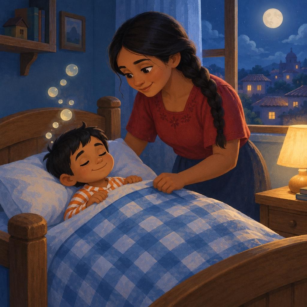 La casa de Mateo estaba justo arriba de la panadería. Subió la escalera de la mano de papá, se puso la pijama y se metió en su cama. Mamá lo tapó con su cobija de cuadros azules, i