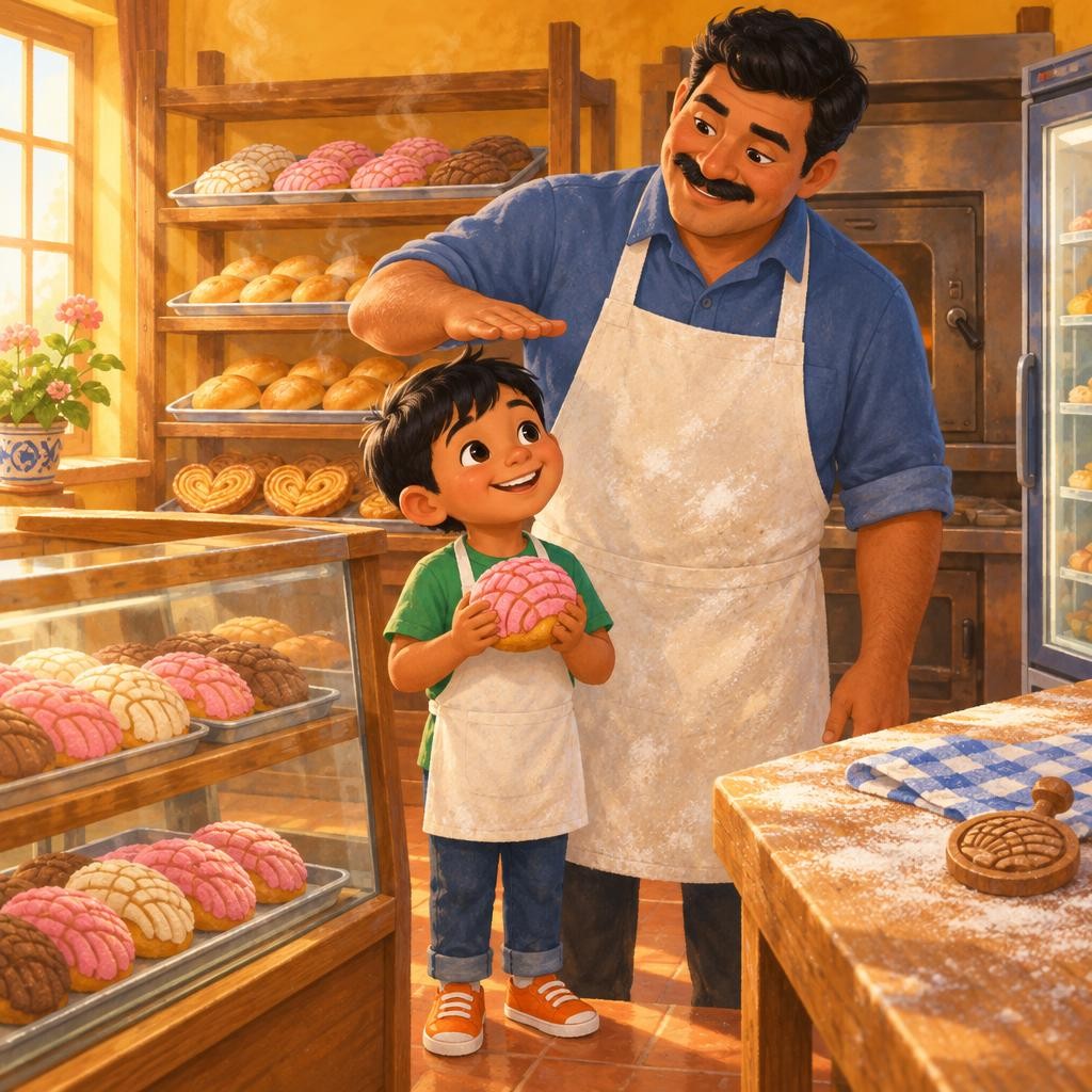 Papá hizo bolitas con la masa, y Mateo le ayudó a ponerles su cubierta de azúcar. Con el molde, Mateo les marcó las rayitas de concha: una, dos, tres… ¡doce conchas! Papá metió las