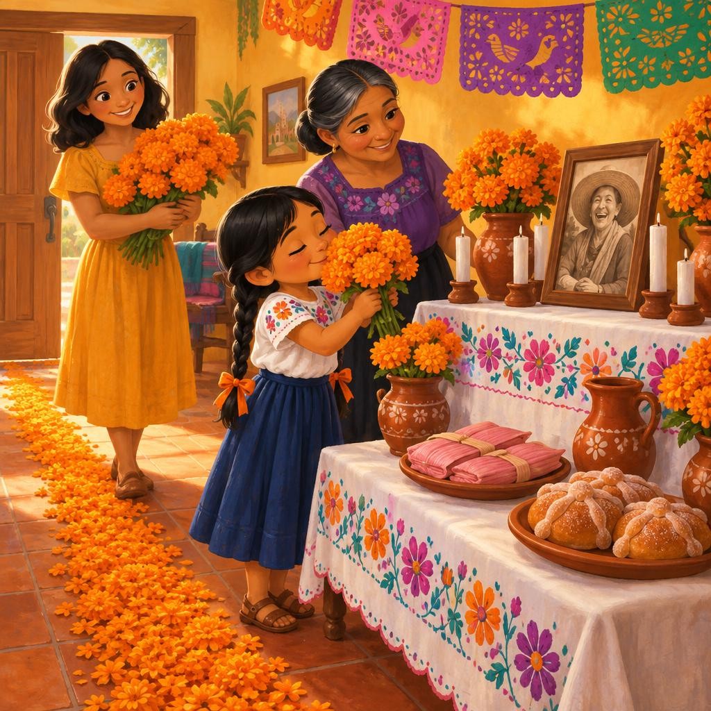 Primero, las flores. Mamá llegó con los brazos llenos de cempasúchil, naranja como el sol. —A Lupita le encantaba su jardín —dijo la abuela—. Cada año sembraba cempasúchil, y siemp
