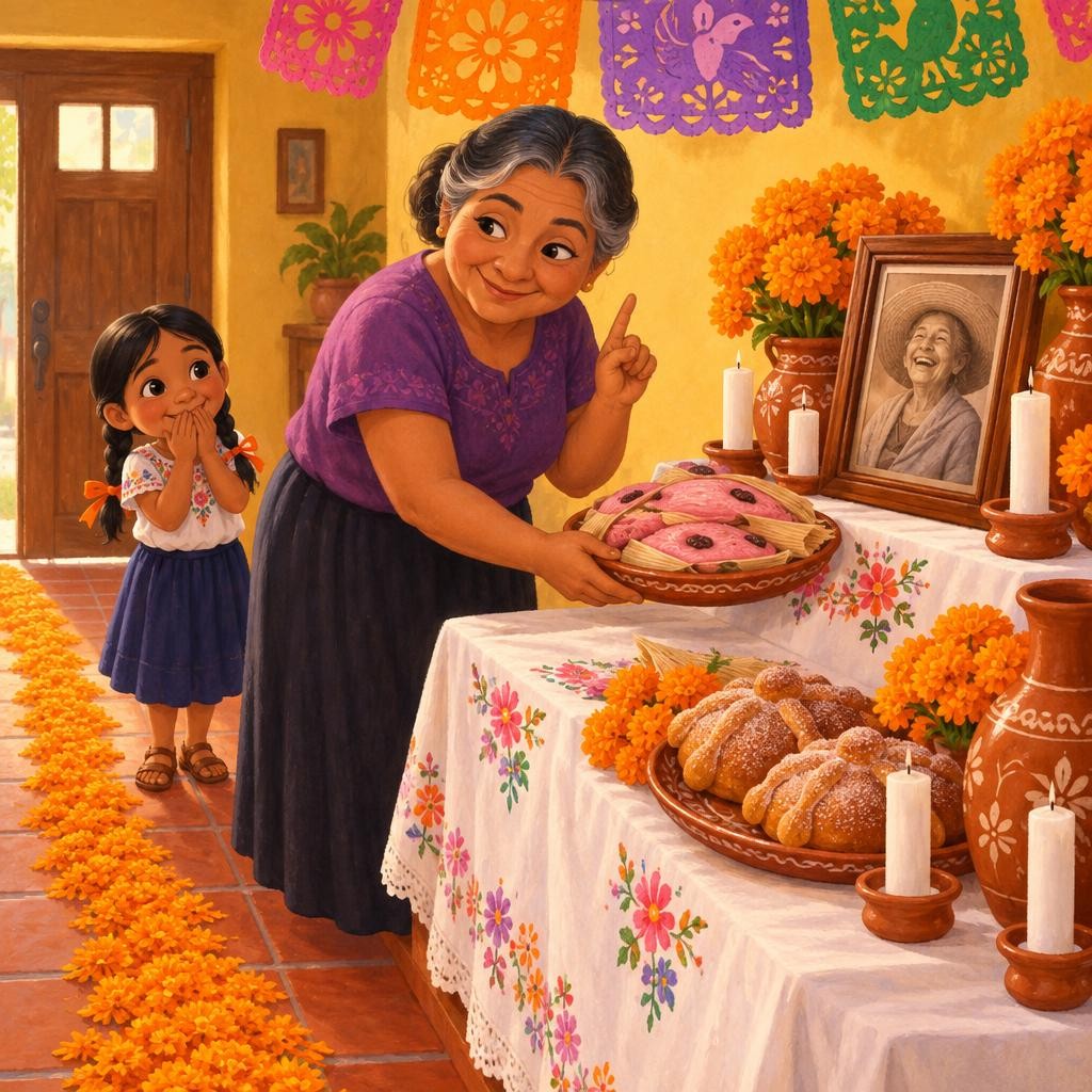 Luego, la comida. La abuela puso un plato de tamales de dulce, rosados y con pasitas. —Eran sus favoritos —dijo—. Se comía uno en el desayuno, y luego siempre decía: “¡Bueno, uno m