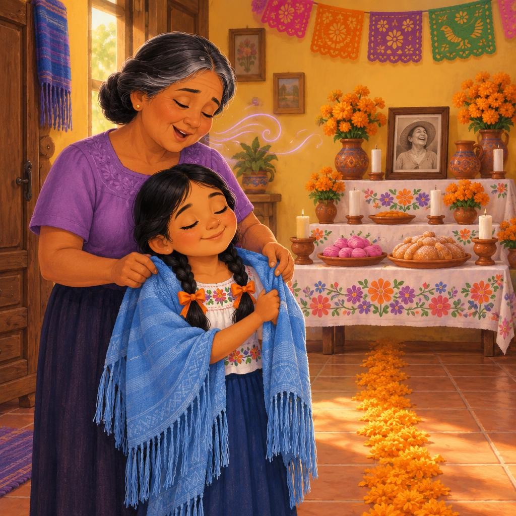 Del ropero, la abuela sacó un rebozo azul, suavecito y con flecos largos, y se lo puso a Emilia sobre los hombros. —Con este rebozo me arrullaba mi mamá cuando yo era chiquita —dij