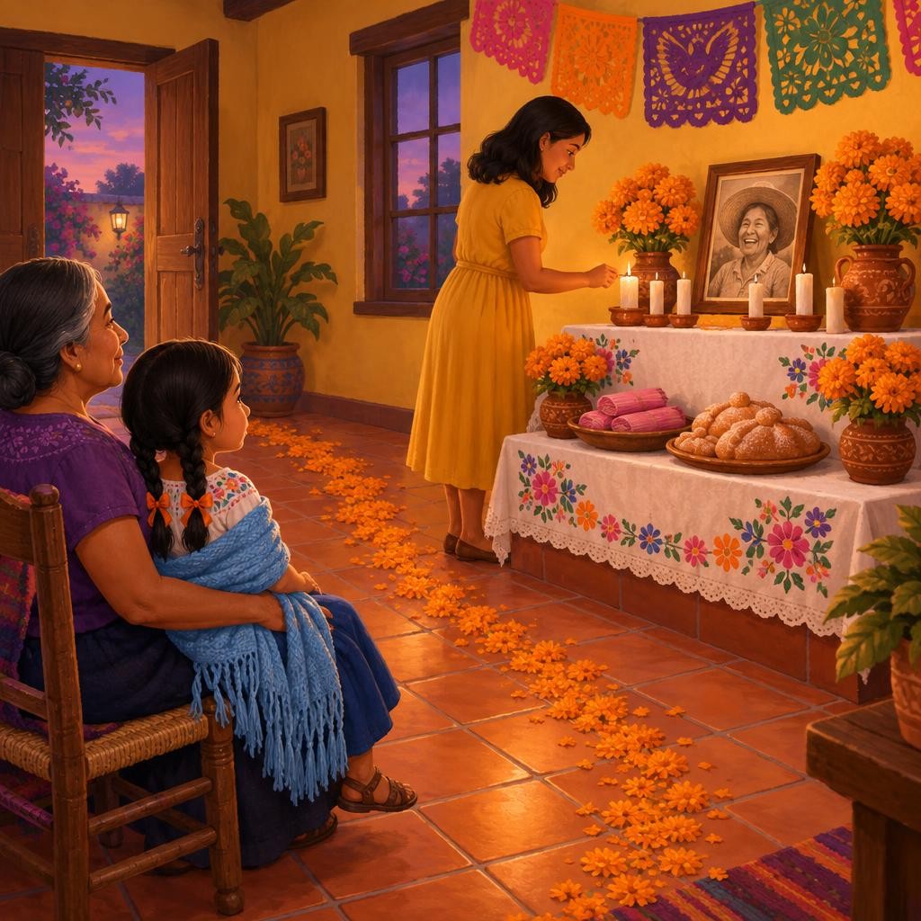 Por último, Emilia y la abuela hicieron un camino de pétalos naranjas, desde la puerta hasta la ofrenda. —Dicen que el color y el olor de las flores le enseñan el camino —dijo la a