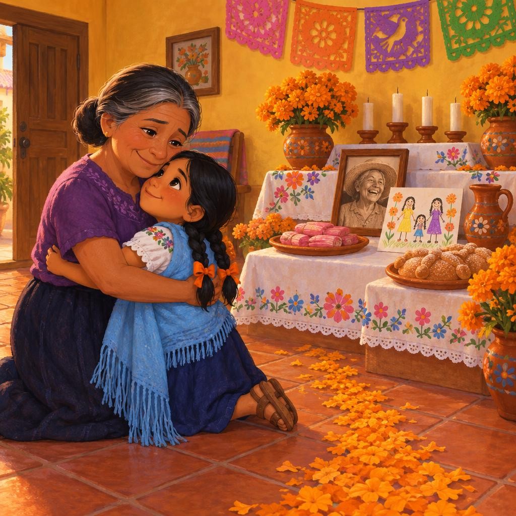 Entonces Emilia sacó sus colores y dibujó a toda la familia: a mamá, a la abuela y a ella misma, con sus dos trenzas. Alrededor dibujó muchas flores naranjas. Puso el dibujo en la 